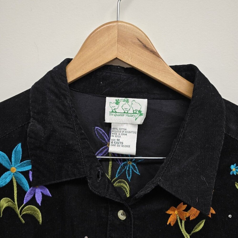 VTG Quacker Factory Black Embroidered Floral Button Up Thin Corduroy Shirt Sz 1X - Picture 3 of 6